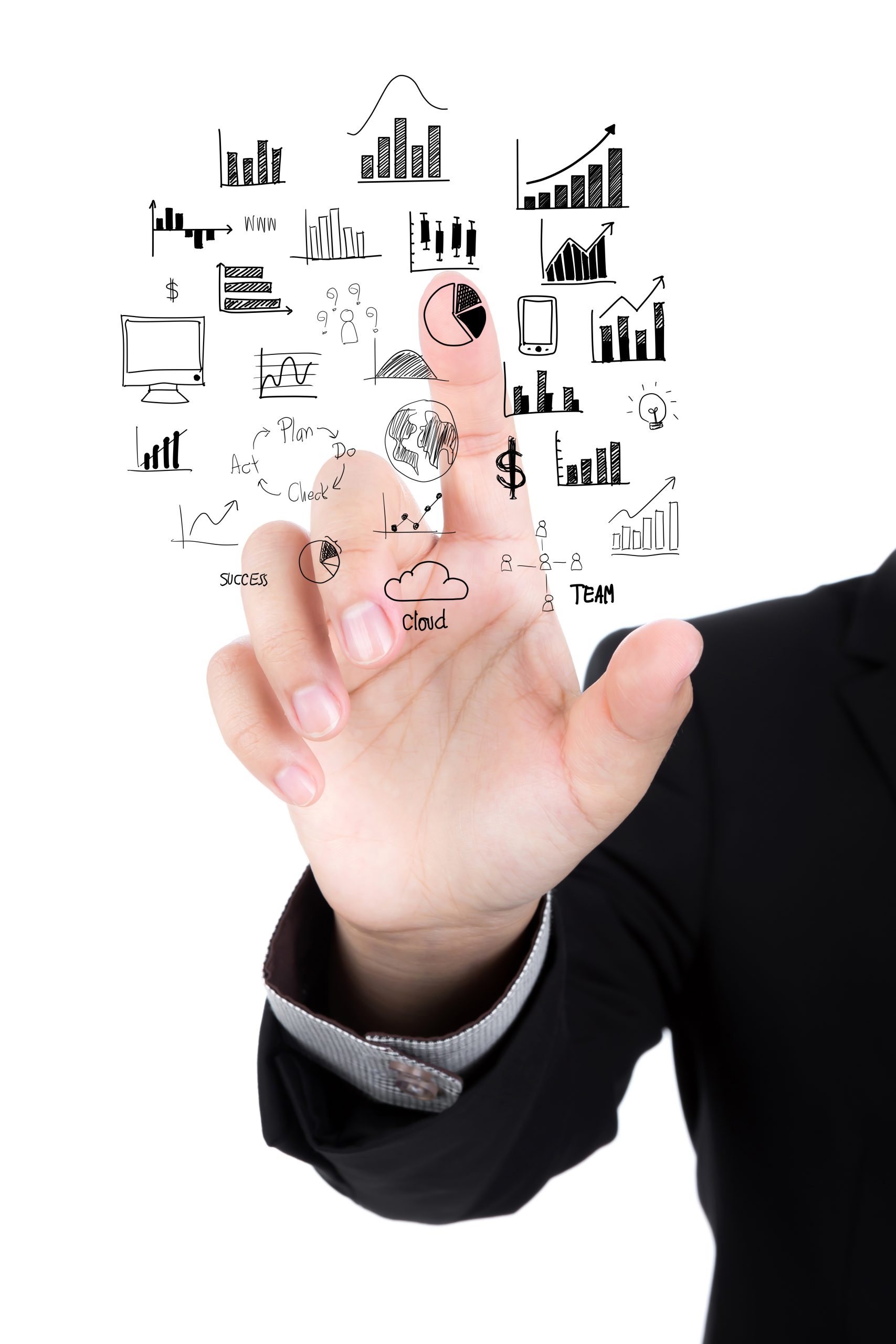 Businessman hand drawing business concept isolated on white back